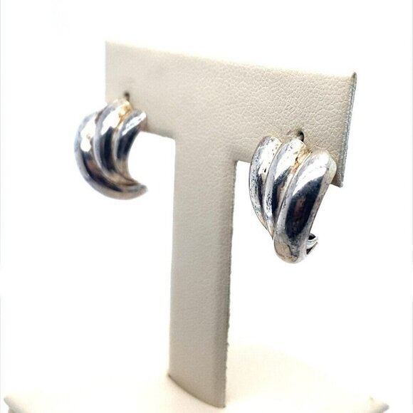 Estate Sterling Silver Half‎ Hoop Fan Design Pierced Post Earrings! 141 - Picture 3 of 9